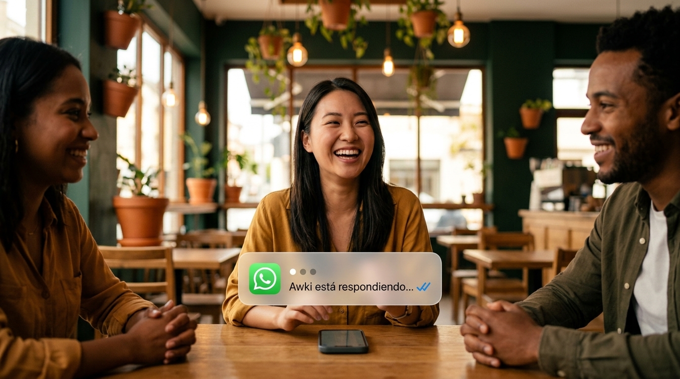 Personas disfrutando mientras Awki atiende su negocio