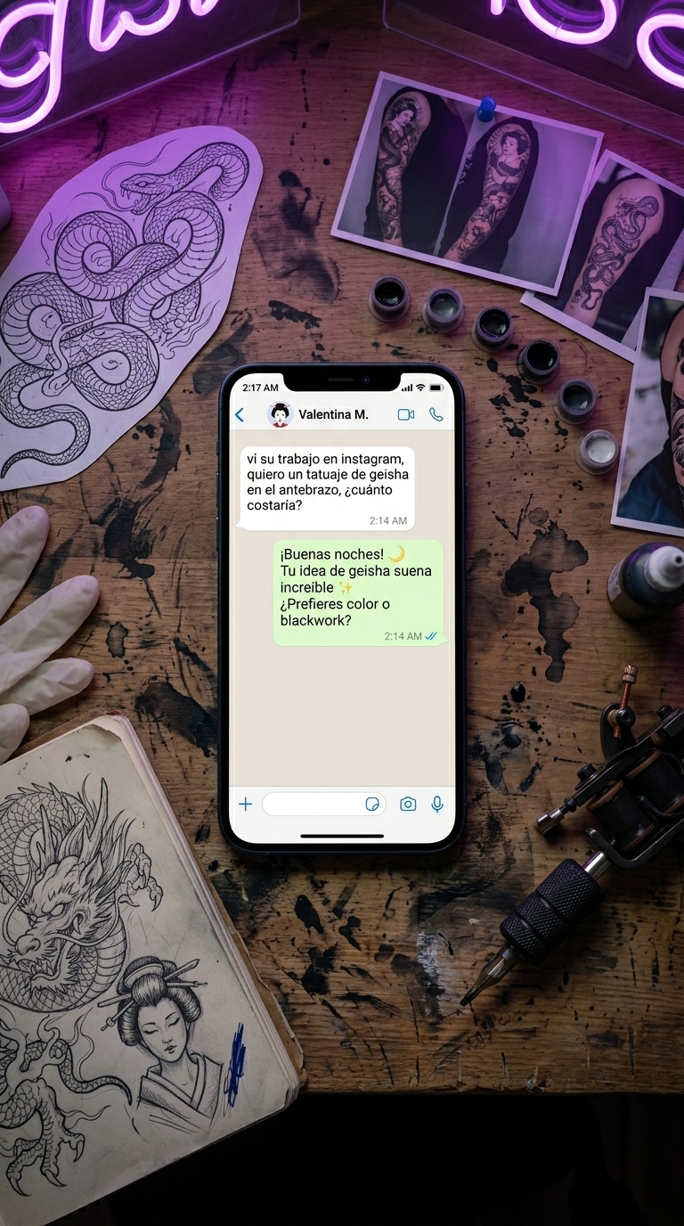Tatuador recibiendo mensaje de cliente a las 2:17 AM
